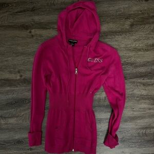 Y2k guess pink zip up rhinestone hoodie with clinched waist